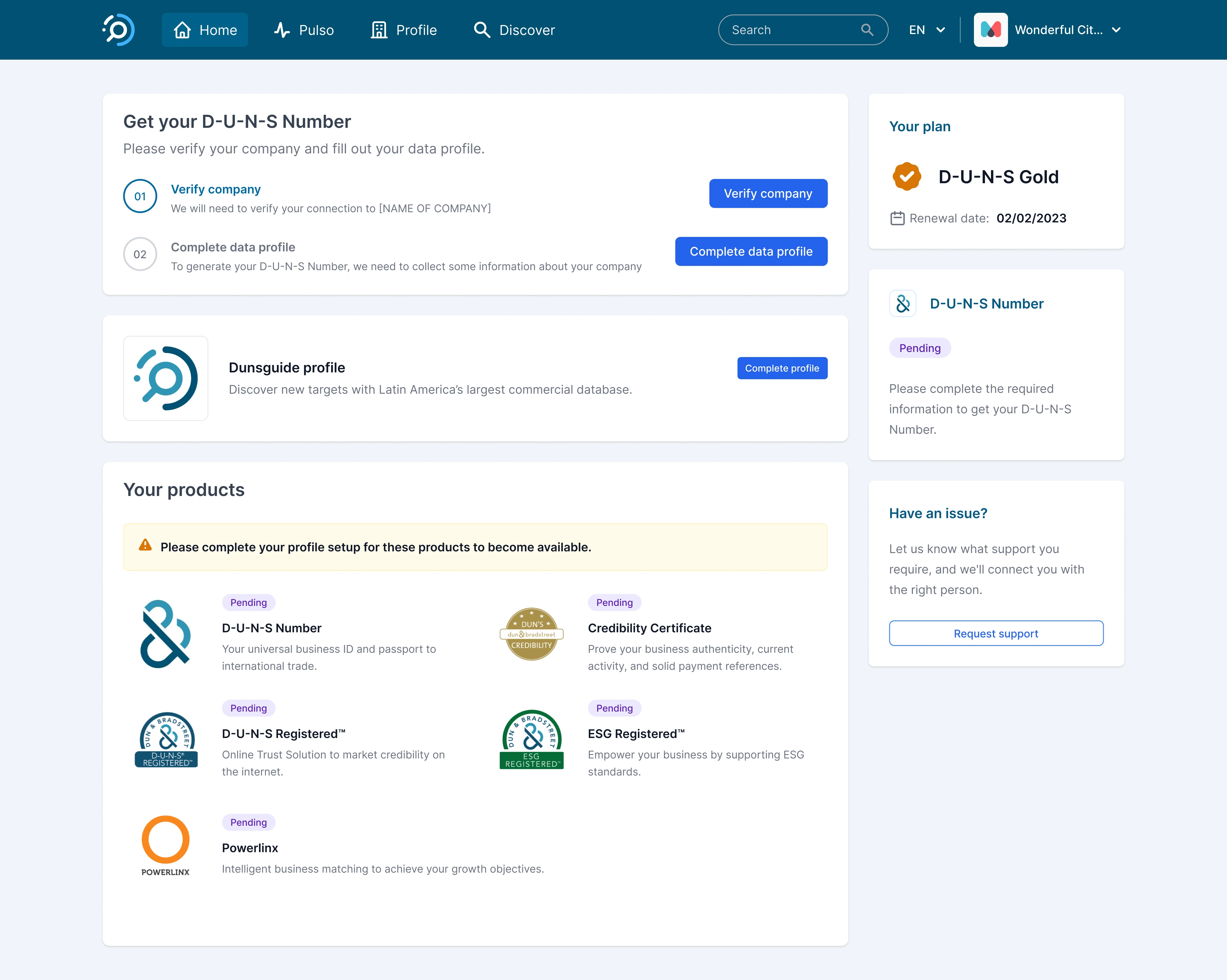 Home do Dunsguide: etapas para conseguir o D-U-N-S Number, perfil, produtos pendentes e seções laterais com plano, status do D-U-N-S e suporte