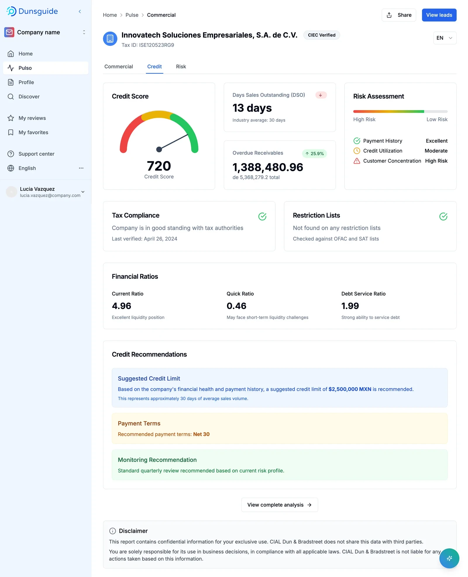 Tela completa da visão de crédito testada