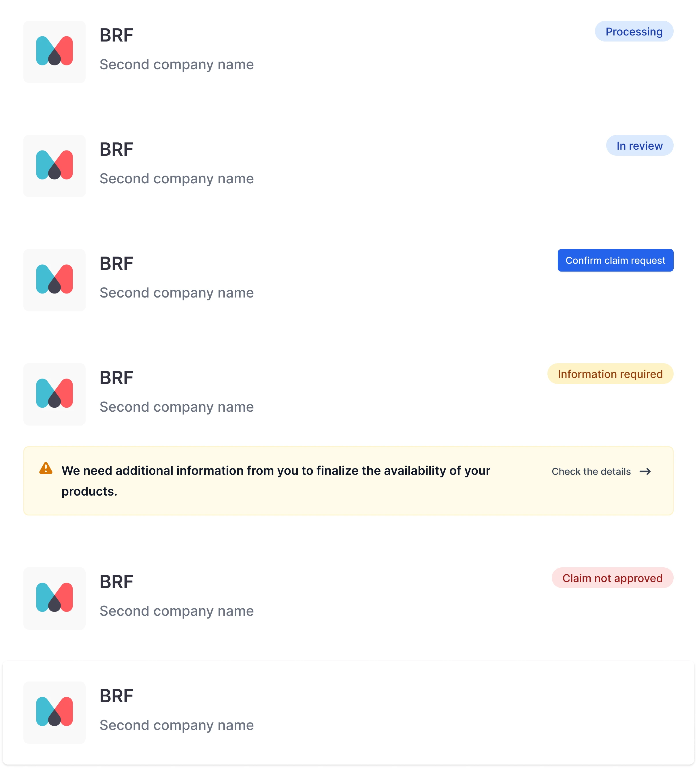 Card da empresa em 6 variações de status